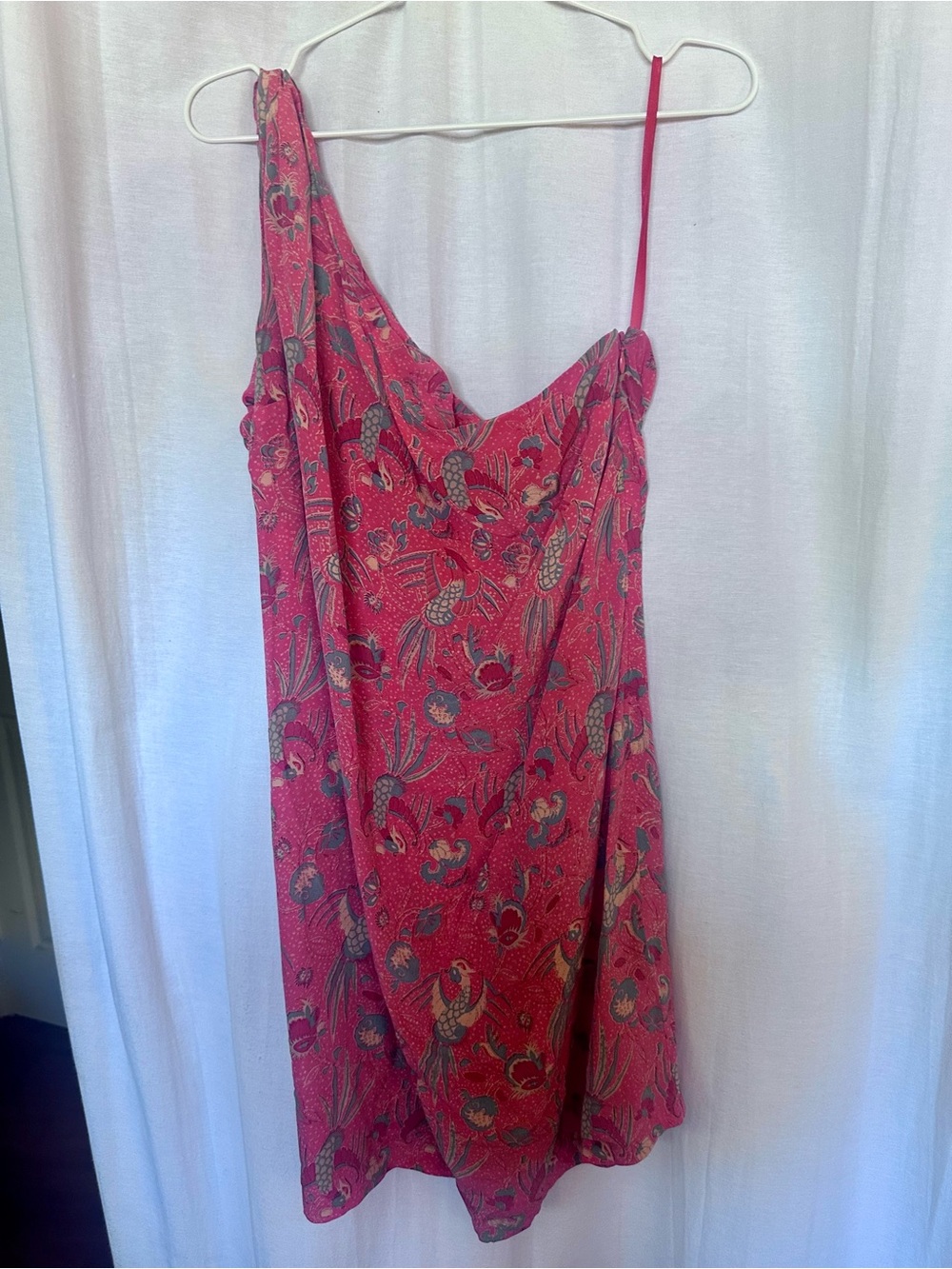 Silk French Connection one-shoulder coral pink shift dress